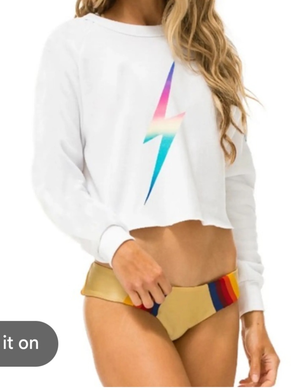 Aviator Nation White Rainbow Lightning Bolt Cropped Sweatshirt Sz M
